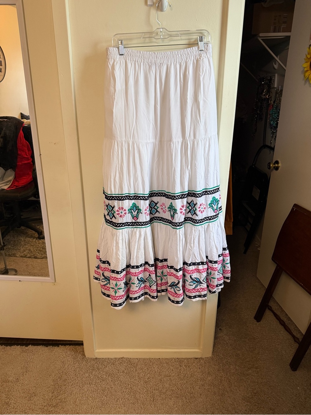 Roaman's White Maxi Skirt with Pink & Teal Embroidery